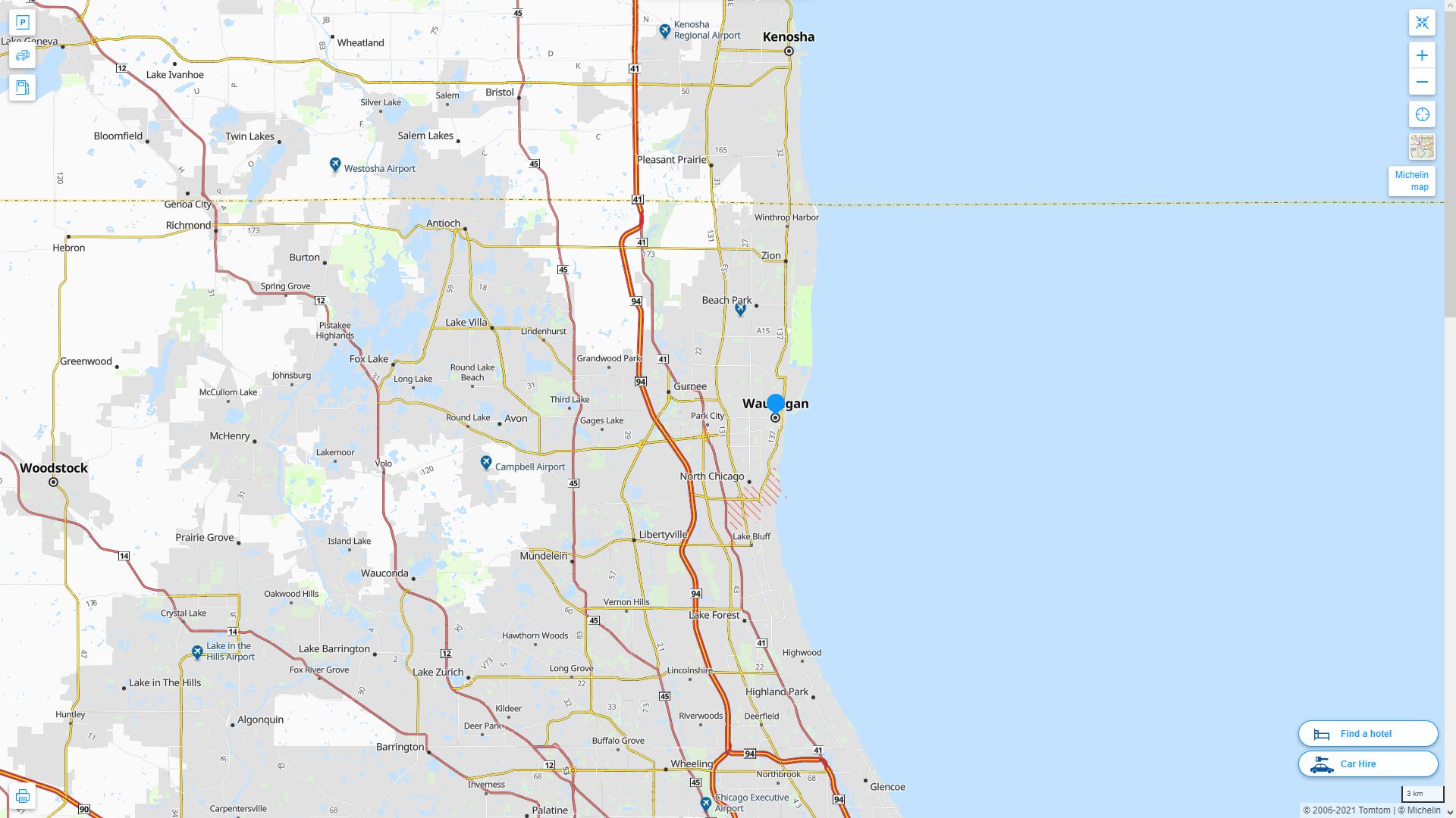 Waukegan illinois Highway and Road Map